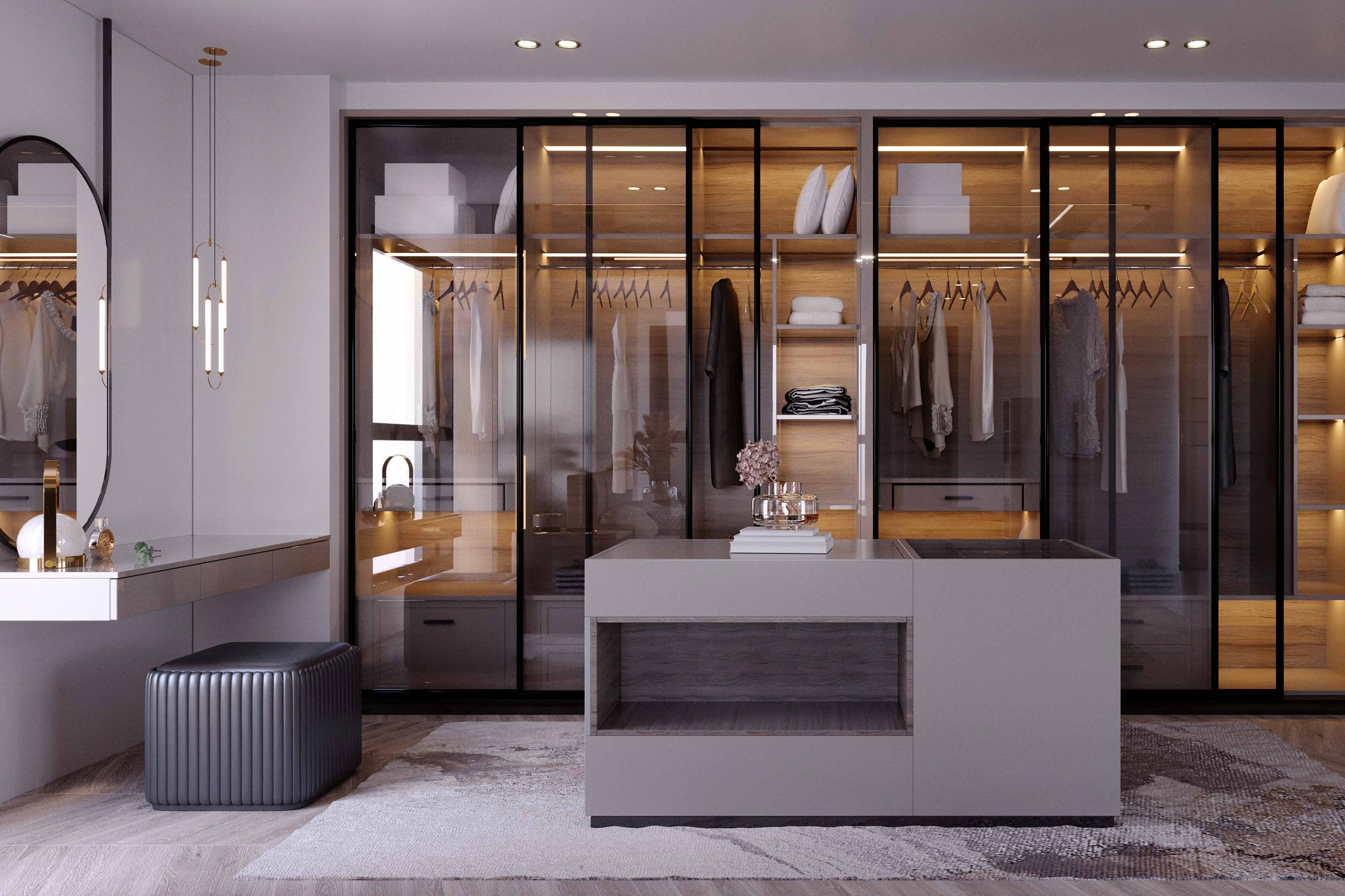 001. Bespoke fitted wardrobes his hers dressing room mylands farrow and ball armac martin glass doorless hanging en suite near Guildford Surrey