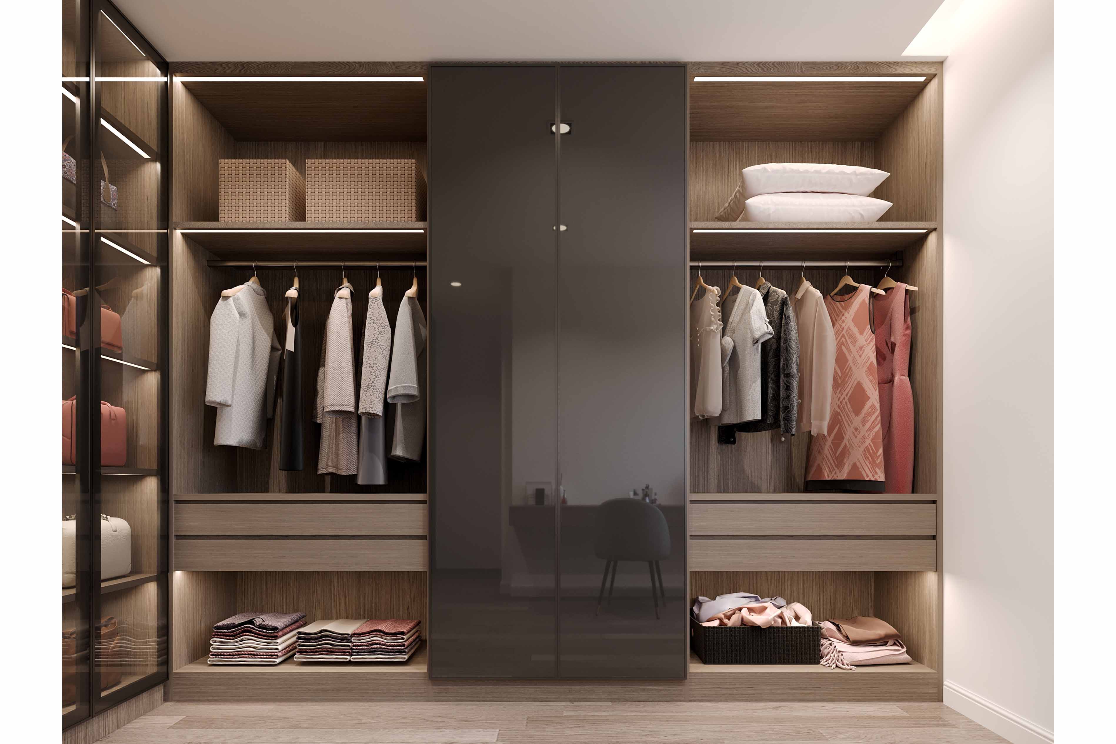 003. Bespoke fitted wardrobes his hers dressing room mylands farrow and ball armac martin glass doorless hanging en suite near Guildford Surrey