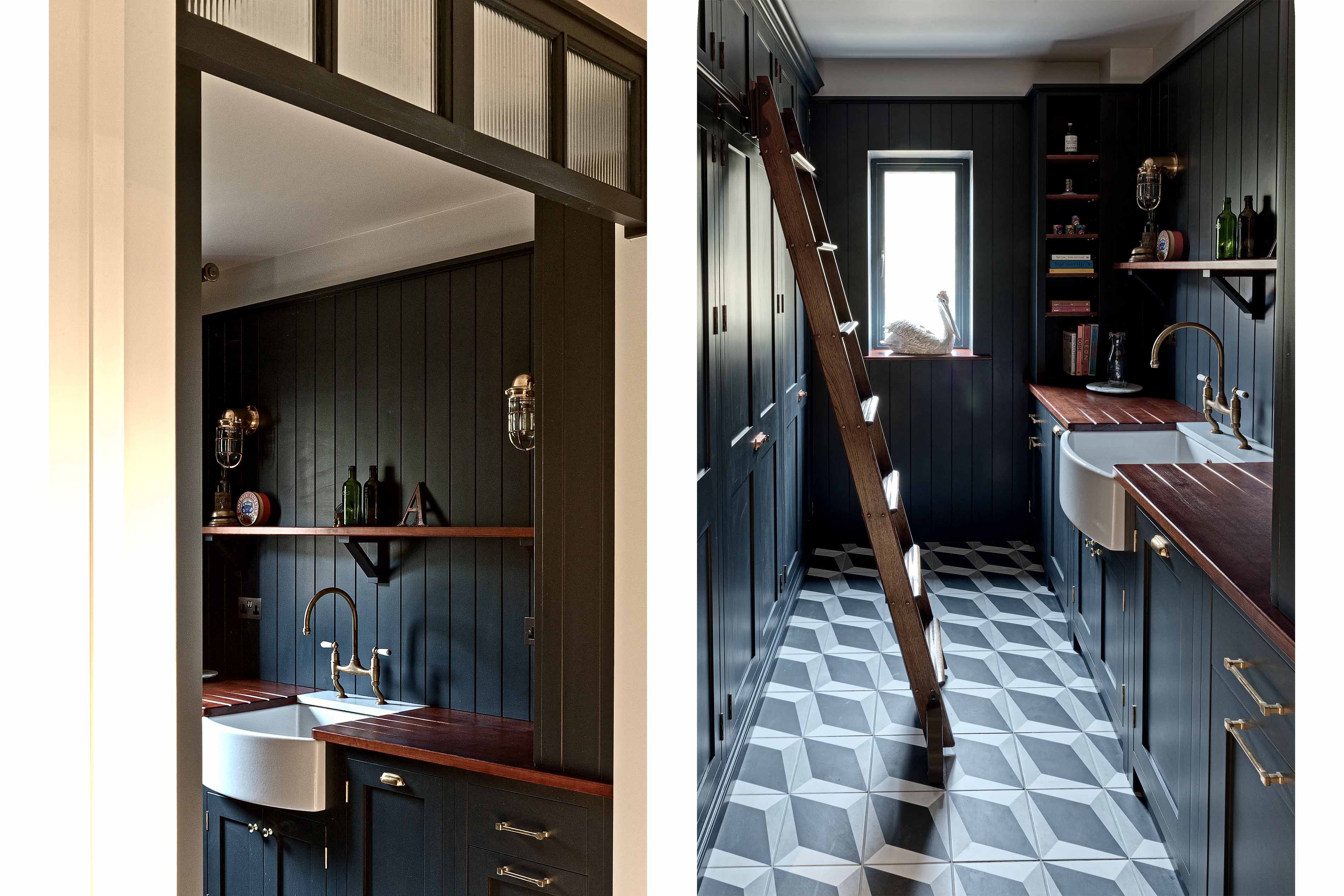 007. Bespoke pantry larder shaker style Farrow and Ball Mylands copper brass vegetable crates Perrin and Rowe Armac Martin near Hindhead, Hampshire