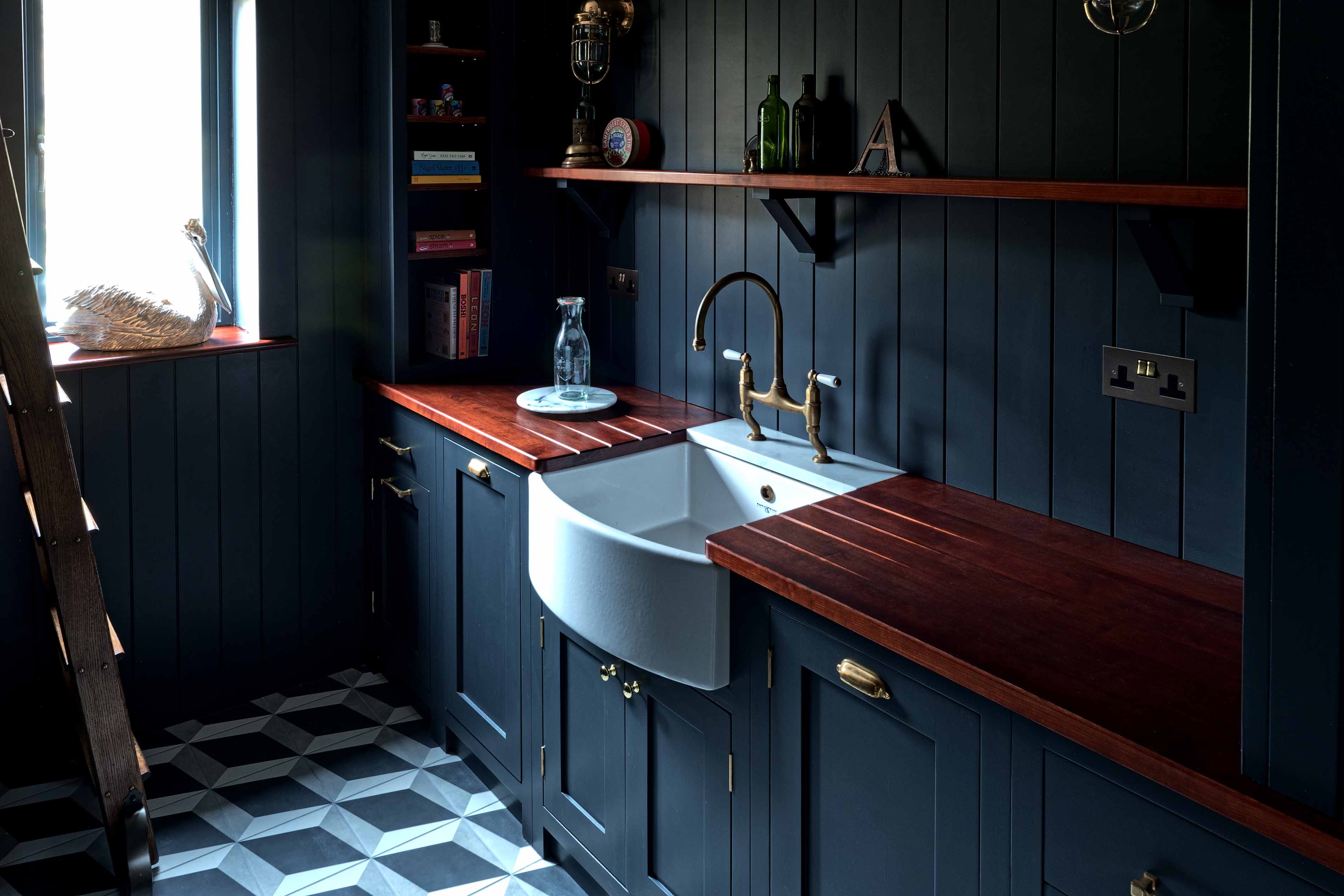 008. Bespoke pantry larder shaker style Farrow and Ball Mylands copper brass vegetable crates Perrin and Rowe Armac Martin near Hindhead, Hampshire