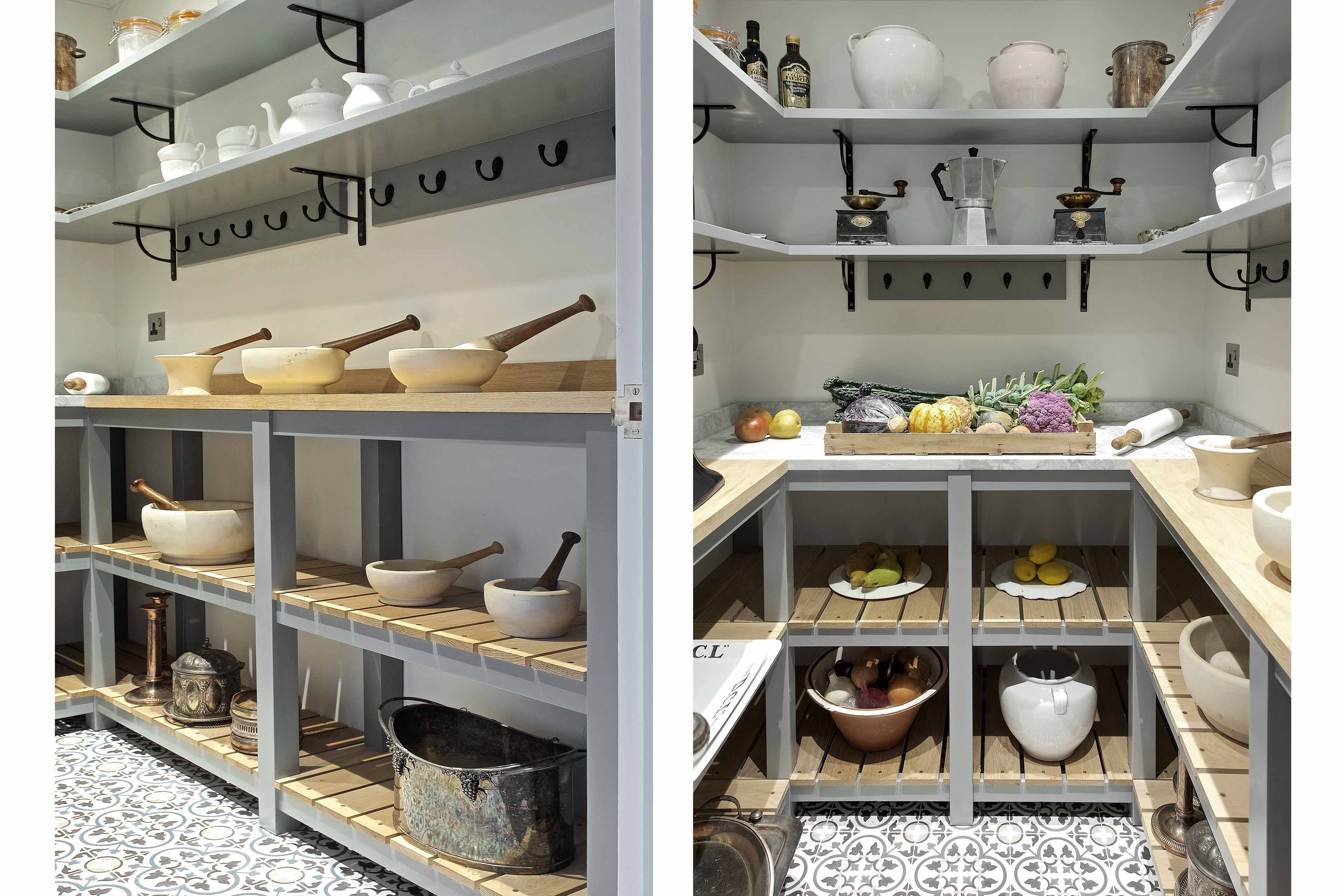 010. Bespoke pantry larder shaker style Farrow and Ball Mylands copper brass vegetable crates Perrin and Rowe Armac Martin near Petworth, West Sussex