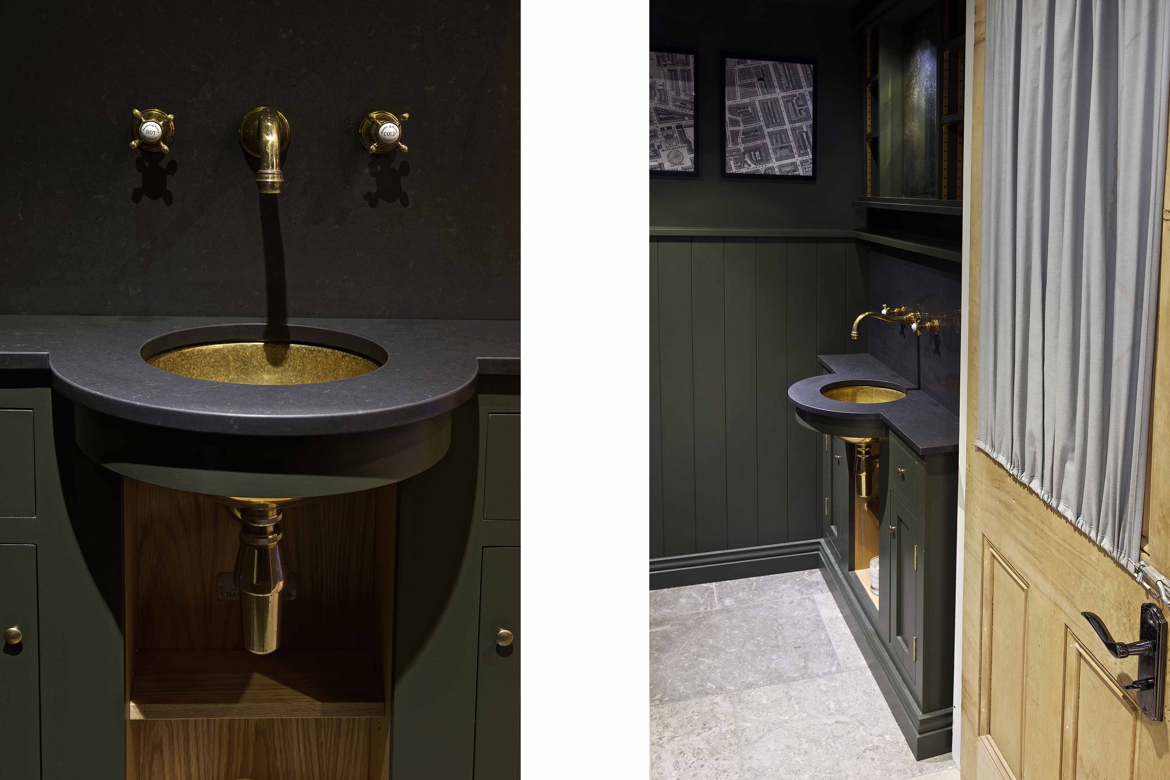 Bespoke bathroom cabinets brass sink taps perrin and rowe armac martin marble quartz granite tops farrow and ball mylands near Guildford Surrey