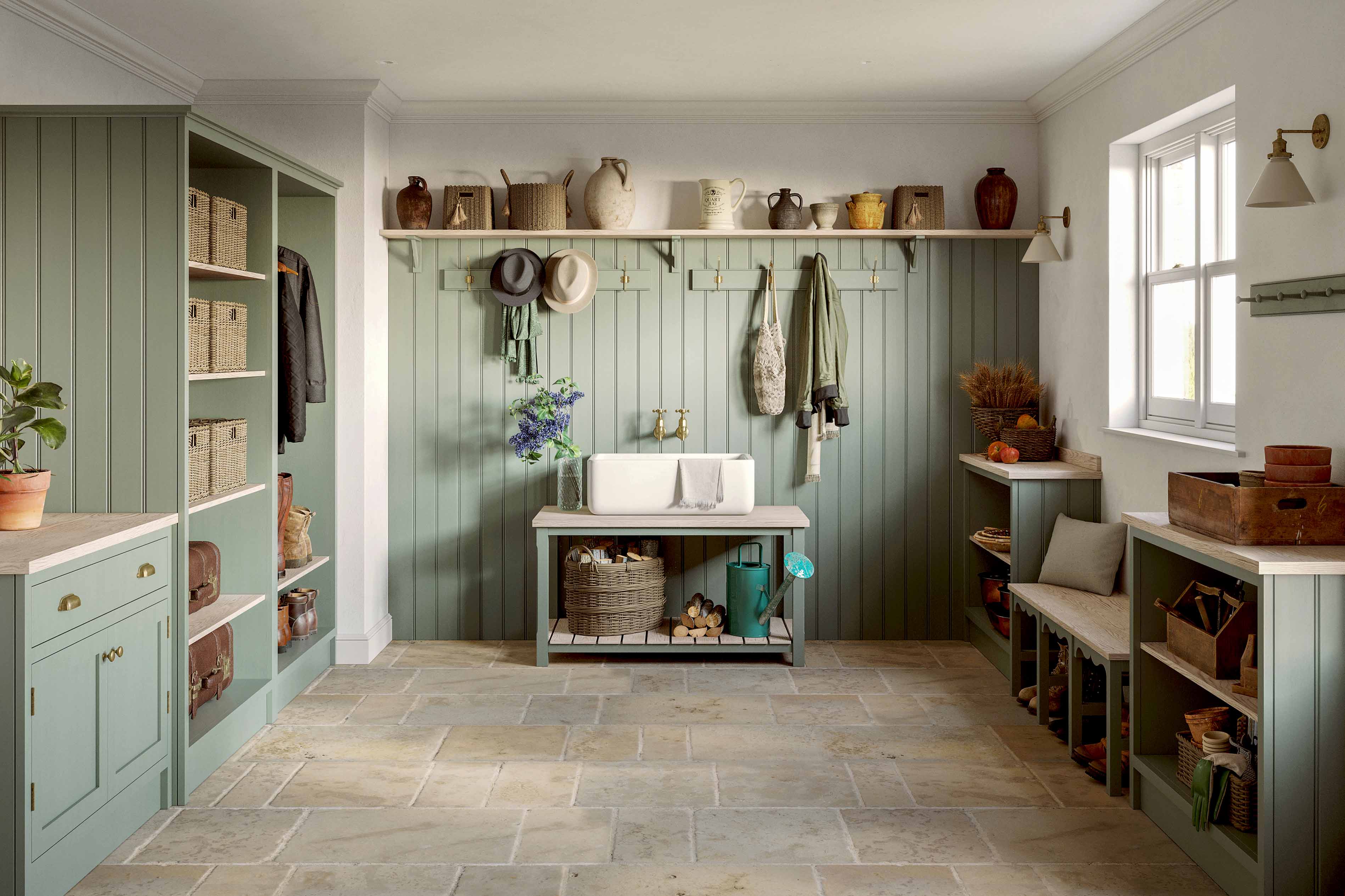 003. Traditional country shaker style bespoke mud boot room dog coat welly wellies farrow and ball butler sink armac martin brass copper near Farnham Surrey