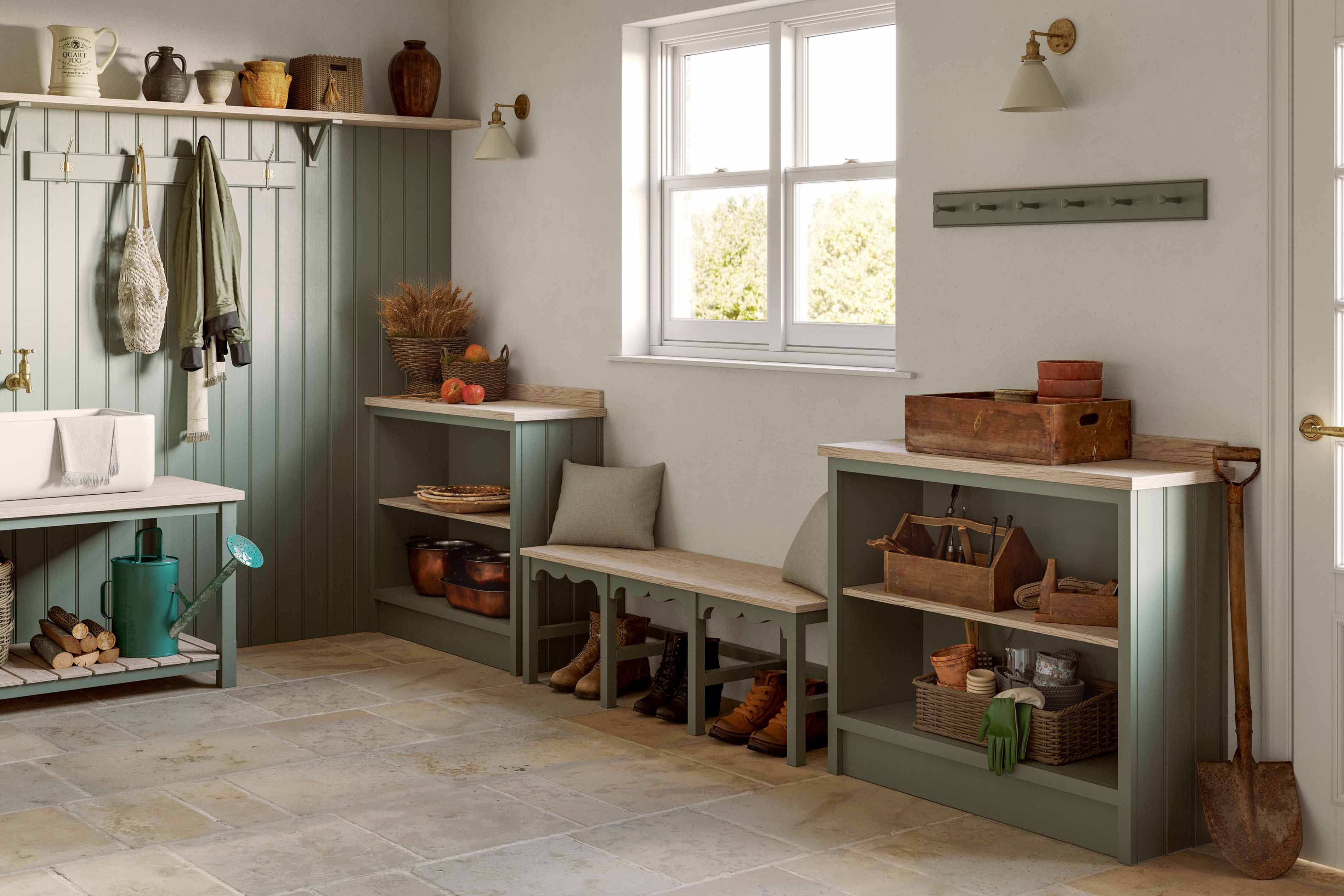 005. Traditional country shaker style bespoke mud garden boot room dog coat welly wellies farrow and ball butler sink armac martin brass copper near Farnham Surrey