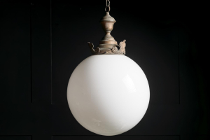 English spherical globe pendant light copper gallery opaline milk glass crowned crested Victorian circa 1890 antiques vintage alton hampshire guildford surrey